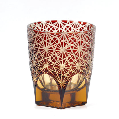 JP-048  250 ml Classic Japanesque Style Edo Kiriko Ruby Red and Amber Color Overlay Glass Whiskey Tumblers with  Hand cut Chrysanthemum Design