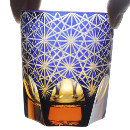 JP-048  250 ml Classic Japanesque Style Edo Kiriko Blue and Amber Color Overlay Glass Whiskey Tumblers with  Hand cut Chrysanthemum Design