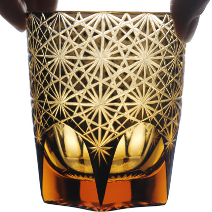 JP-048  250 ml Classic Japanesque Style Edo Kiriko Black and Amber Color Overlay Glass Whiskey Tumblers with  Hand cut Chrysanthemum Design