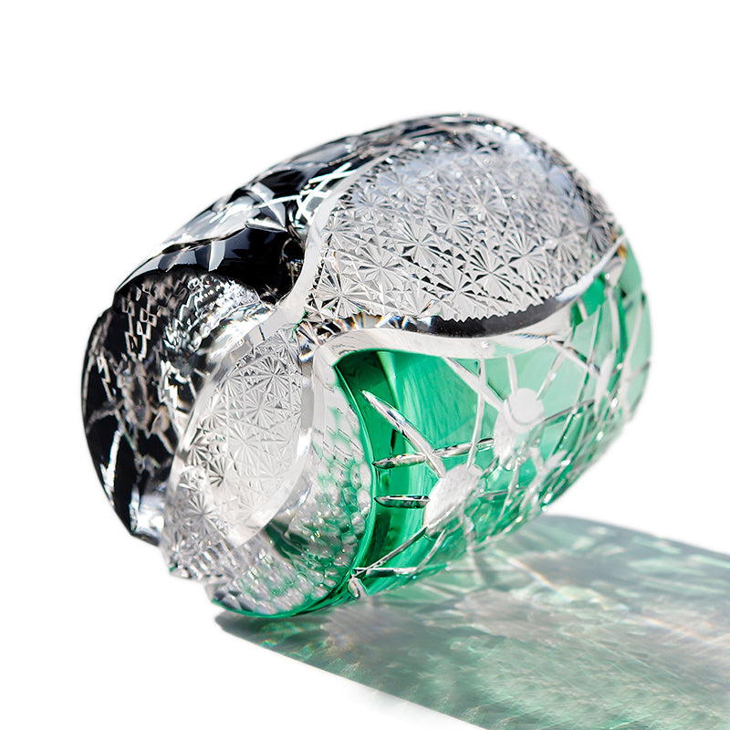 JP-077 Green Black Edo Kiriko Style Whiskey Glass Tumblers Adorned With Hand Carved Chrysanthemum Mesh and Balls