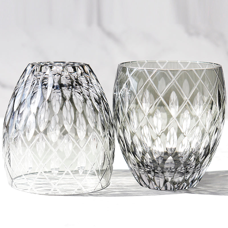JP-063  Hand Cutting Japanese Style Whiskey Glass Tumblers With Hand Carved Crown Jewel Design