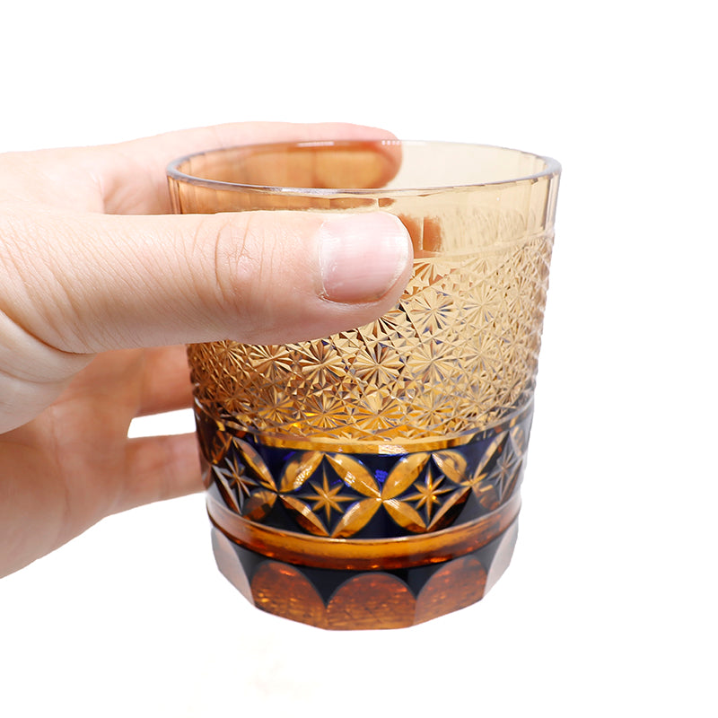 JP-047 250 ml  Blue and Amber color tinted Glass Whiskey Tumblers Edo Kiriko with hand cut Shippo seven treasures design