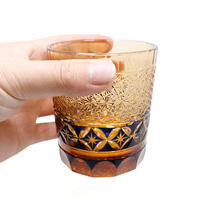 JP-047 250 ml  Blue and Amber color tinted Glass Whiskey Tumblers Edo Kiriko with hand cut Shippo seven treasures design