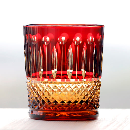 JP-093  Handcrafts Ruby Red and Amber Color Overlaid Glass Whiskey Tumblers with Hand Engraved Lotus and Diamond Pattern