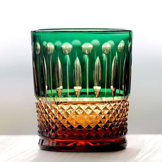 JP-093  8.5 oz Handcrafts Lotus Medium Cylinrical Tumbler Green and Amber Cased Glass Whiskey Tumblers with Hand Cut Lotus and Diamond Pattern