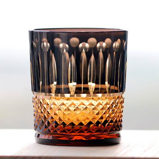JP-093  Handcrafts Black and Amber Color Overlaid Glass Whiskey Tumblers with Hand Engraved Lotus and Diamond Pattern