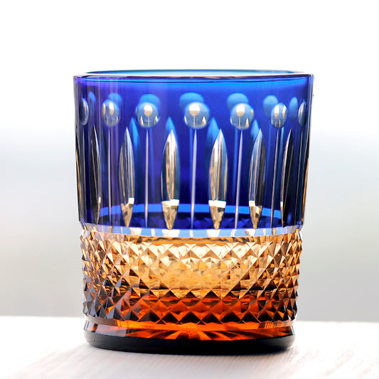JP-093  Handcrafts Blue Amber Color Overlaid Glass Whiskey Tumblers Edo Kiriko's Lotus and Diamond Pattern In Gift Box