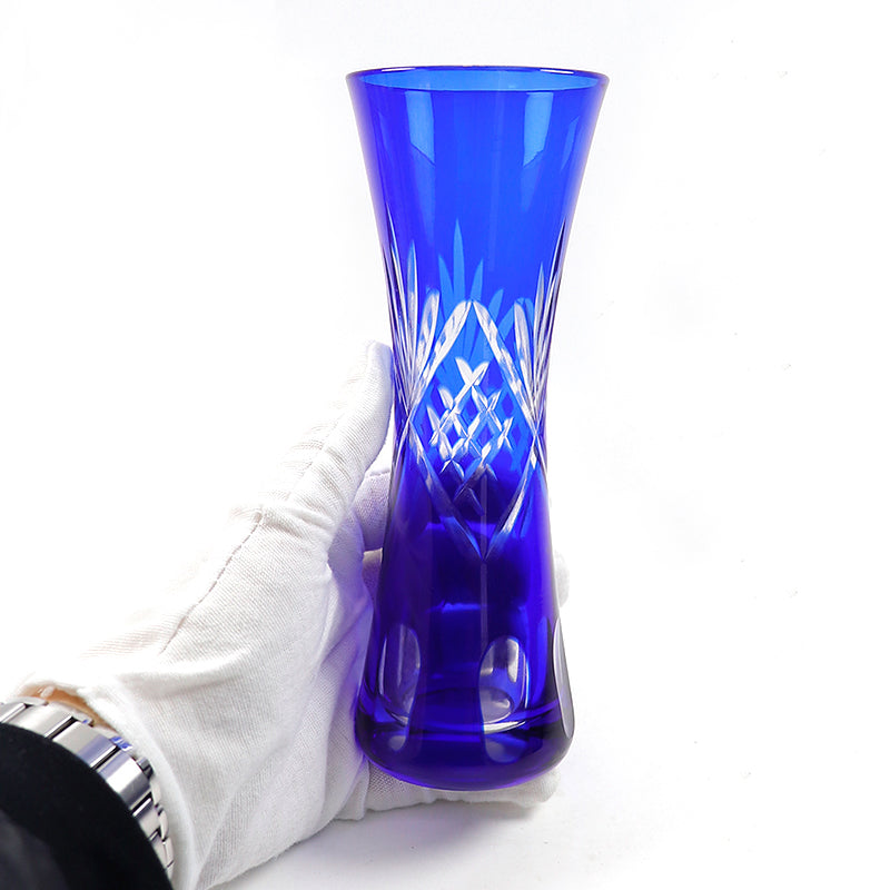 Small size Height:165mm Hand engraved and blue colored glass flower bud vase