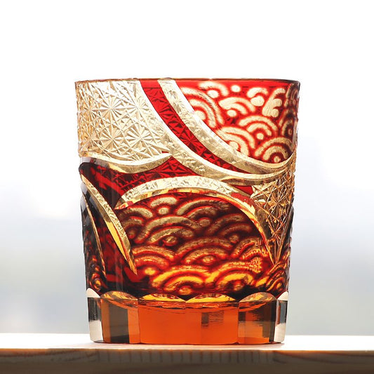 JP-041 250 ml Hand blown Ruby Red and Amber Color Tinted Glass Whiskey Tumbler With Hand Engraved Moon and Waves Design