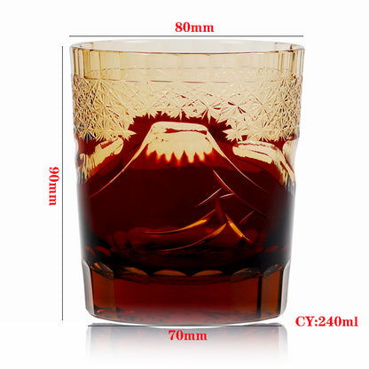 JP-037 8.5 oz Ruby Red Japanese Style Edo Kiriko Cocktail Whiskey Glass Tumbler Hand Cut Fuji Mountain Design In Gift Box