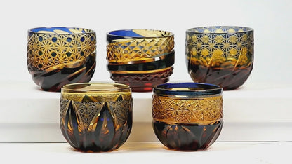 QJ-09 60 ML Japanese Style Blue Amber Colored Cold Sake Glass Chilled Sake Glass Edo Kiriko Shot Glass